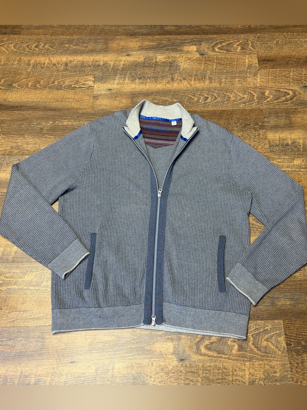 Robert Graham Sweater Mens XL Gray Blue Zip Cardigan Ribbed Knit Armidale Preppy